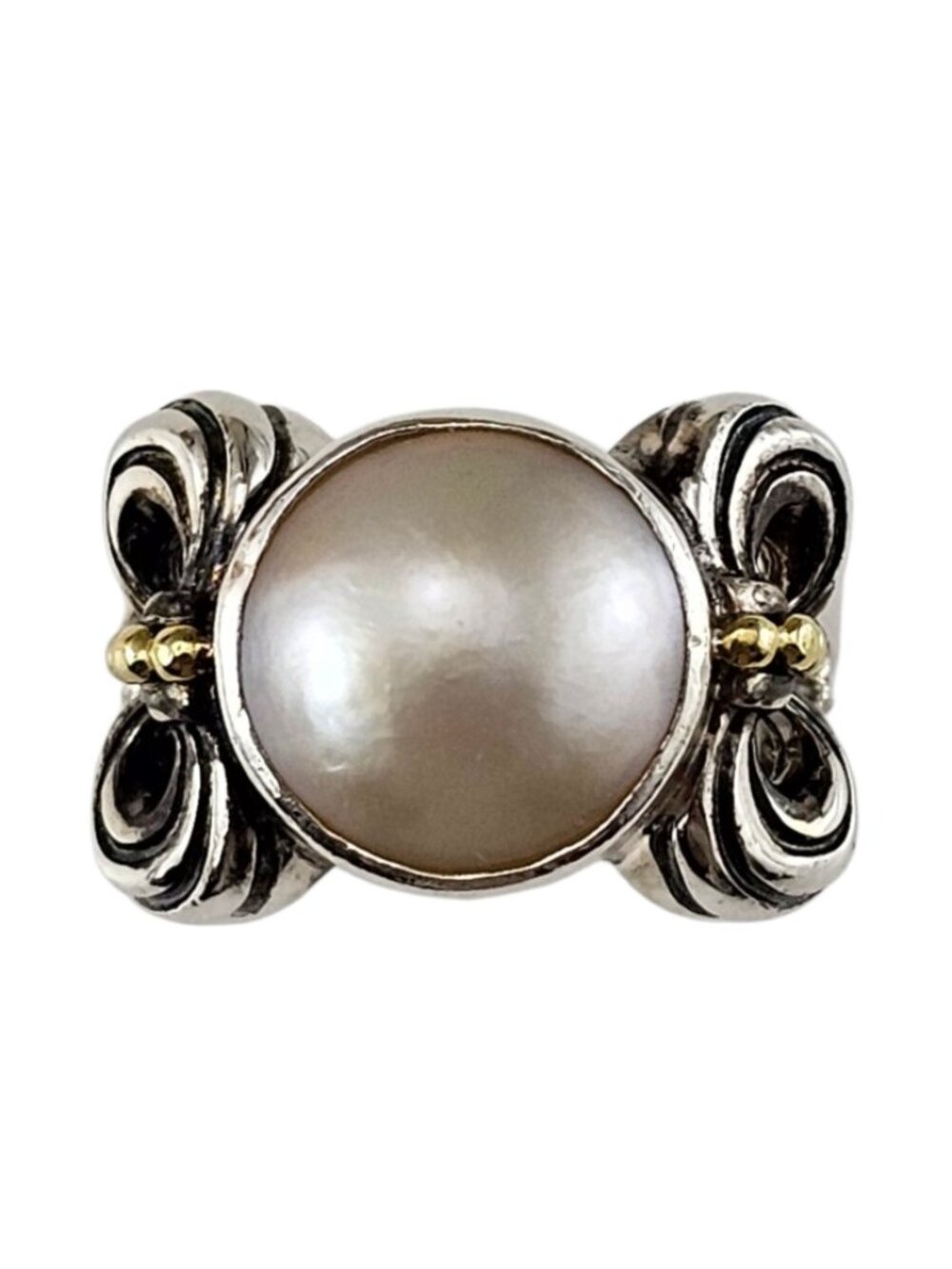 Lagos Caviar Sterling Silver and 18K Yellow Gold Pearl Ring Size 7 #25071